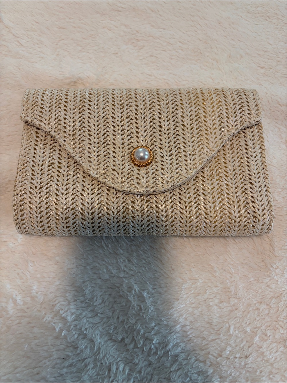 Amazon Beige Woven Clutch with Pearl-Accent Button